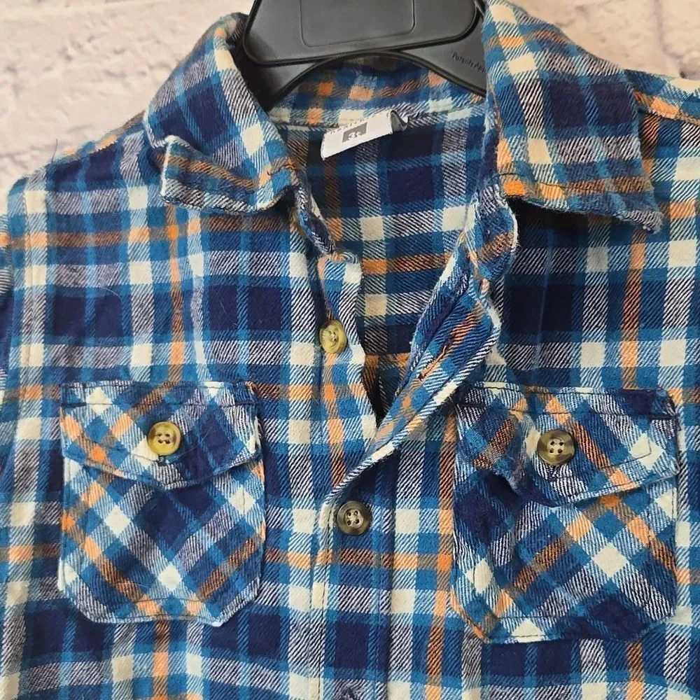 Toddler Boy Blue Plaid Flannel Shirt Long Sleeve Button Down Western Winter Warm